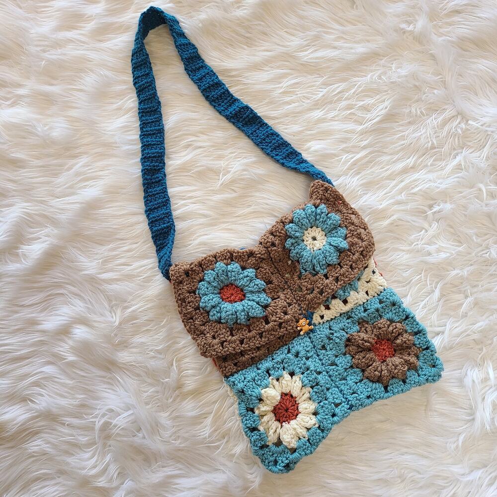 Vintage Crochet Floral Purse Bag Handmade Cottagecore Boho 90's Granny Square - Picture 1 of 4